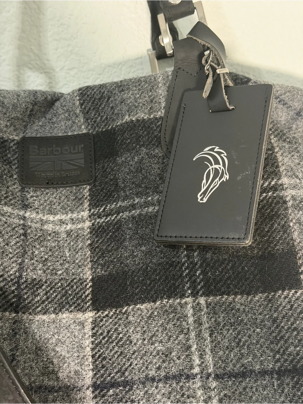 Barbour Shadow Tartan Explorer Gray Plaid Weekender Bag with Black Leather Trim
